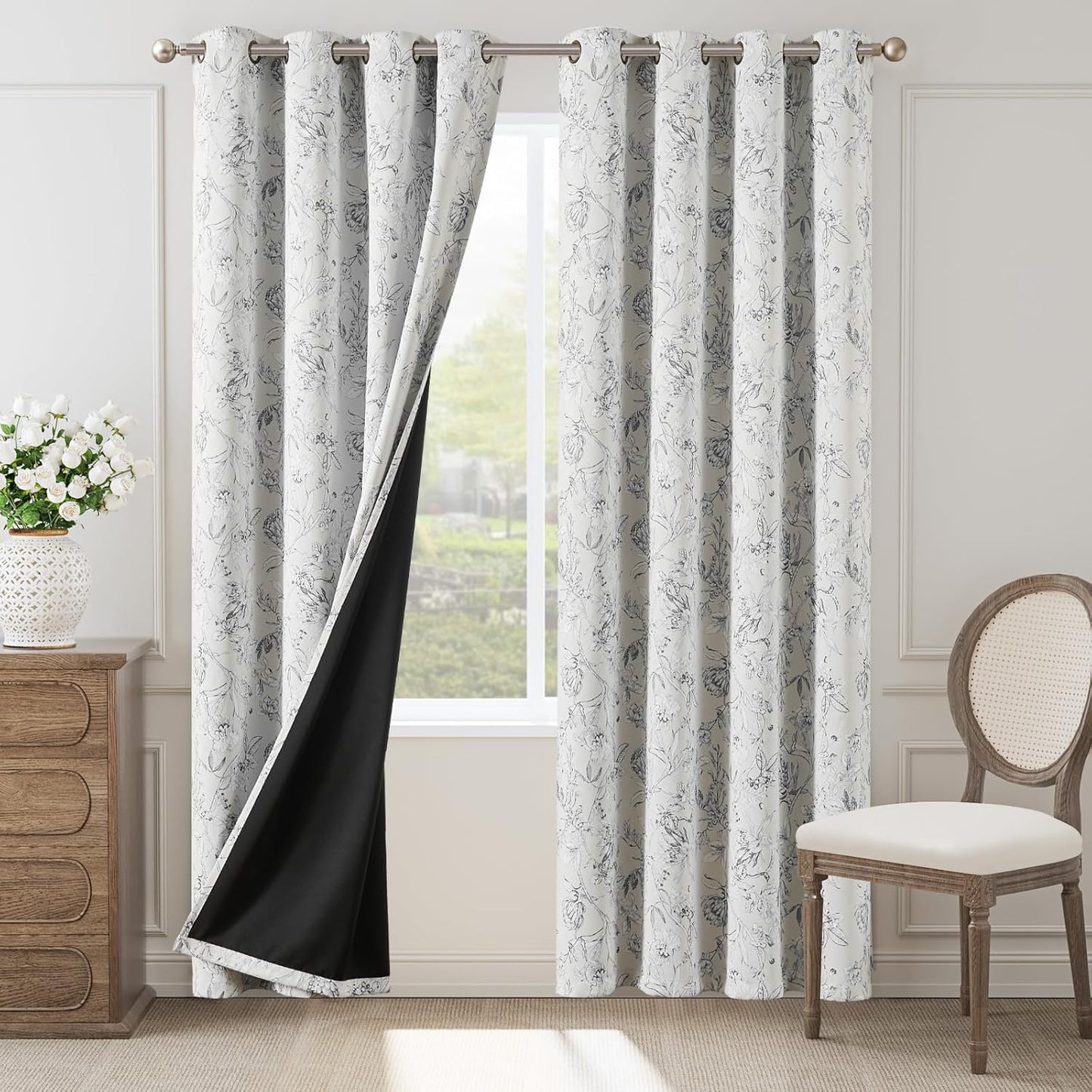 Floral 100% Blackout Curtains for Bedroom 84 Inches Long, Grey Flower-Patterned Curtains 2 Panels