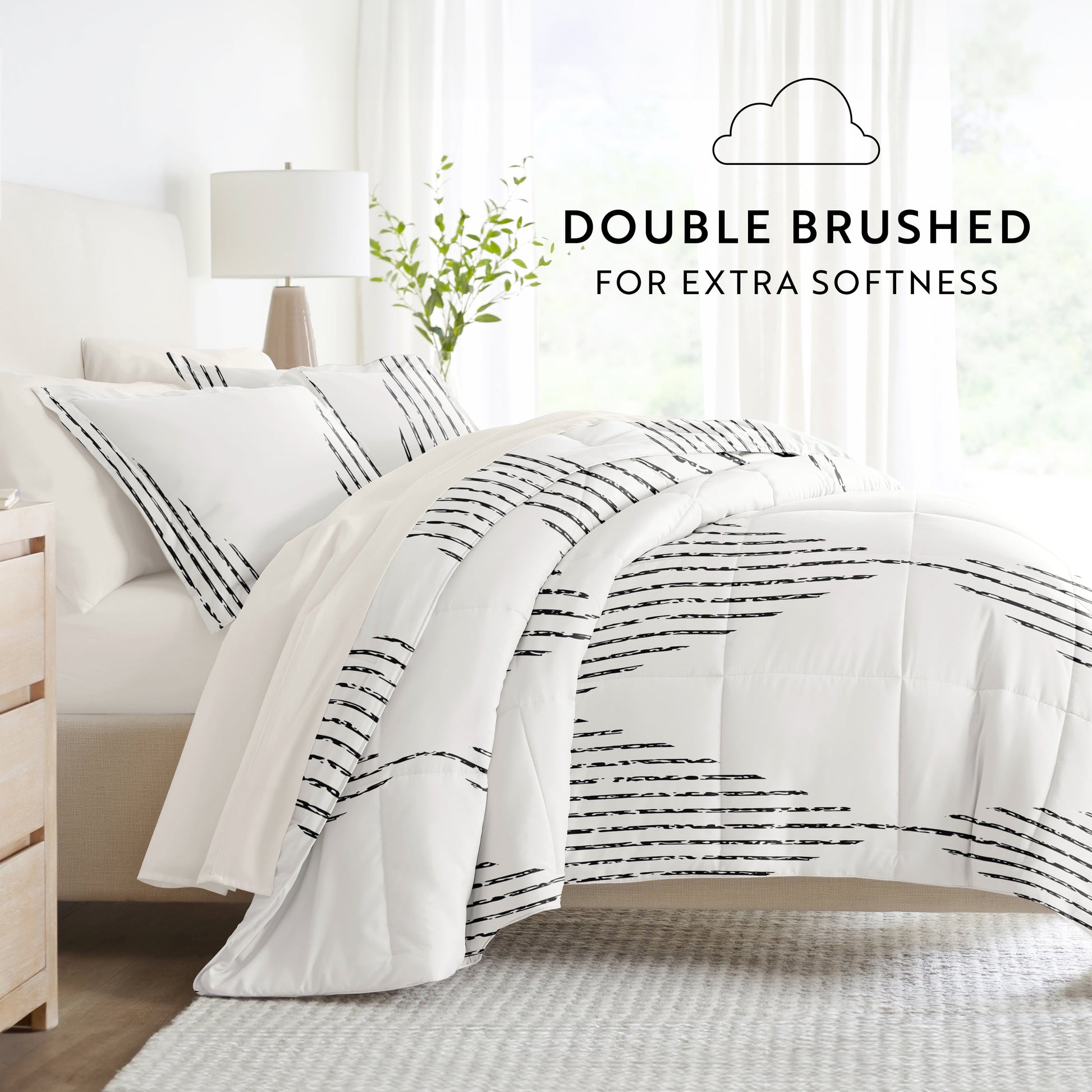Full Bedding Bundle, Patterned Microfiber Comforter and Solid Sheet Set in Diamond Stripe Gray