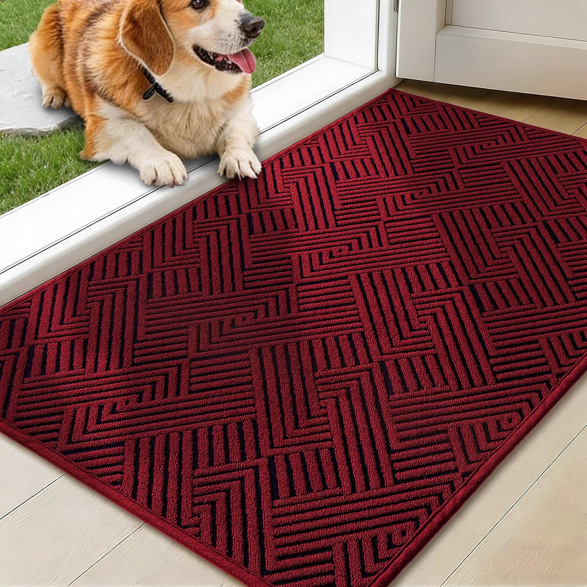 Dirt Trapper Door Mat 20" X 32", Non-Slip Washable Entrance Mat, Dirt Resistant and Absorbent Welcome Mat, Low Profile Floor Mat for Front/Back Door, Entryway, Red