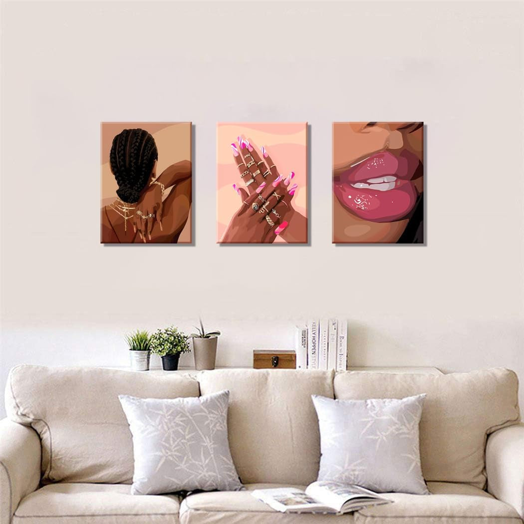 Black Girl Pink Wall Art Set of 3 African American Black Women Canvas Posters Fashion for Bathroom Decoration 12X16 Inch Framed