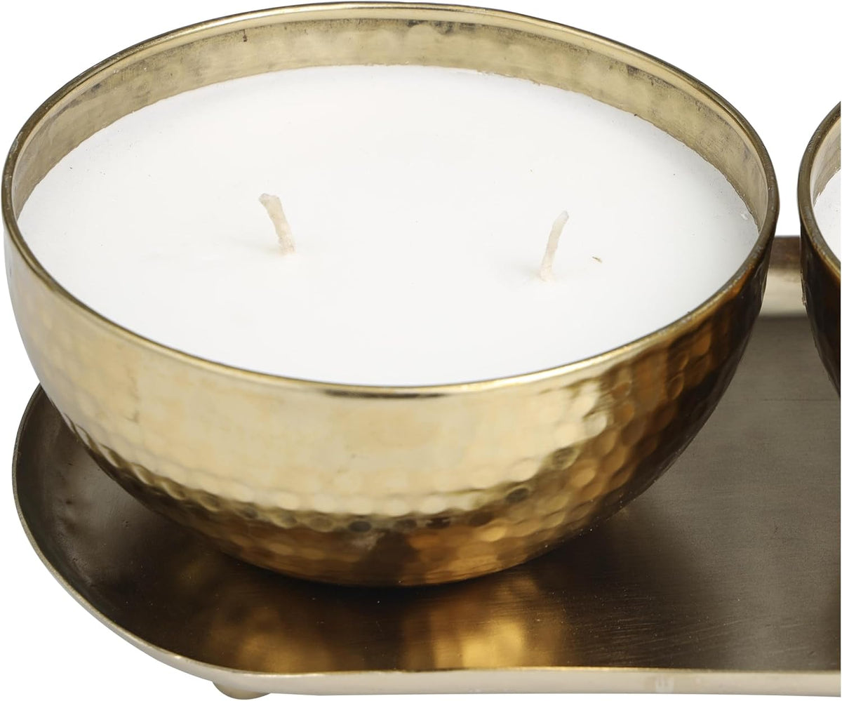 Deco 79 Metal Decorative Candle Egyptian Mint Scented Hammered 12 Oz 2 Wick Aromatherapy Candle with White Wax, Set of 2 Wax Aromatherapy Candle 10" W, 3" H, Gold