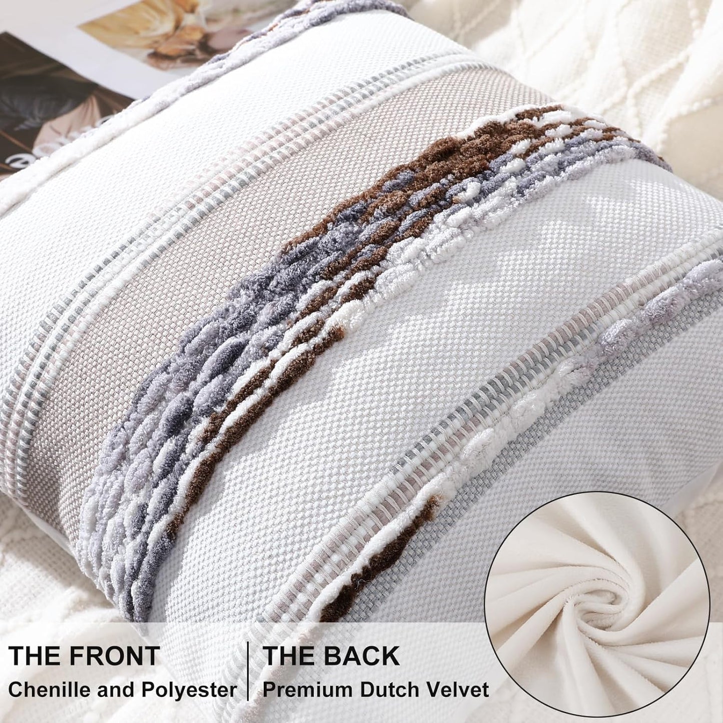Boho Decorative Throw Pillow Covers 18X18 Set of 2, Cream White and Khaki