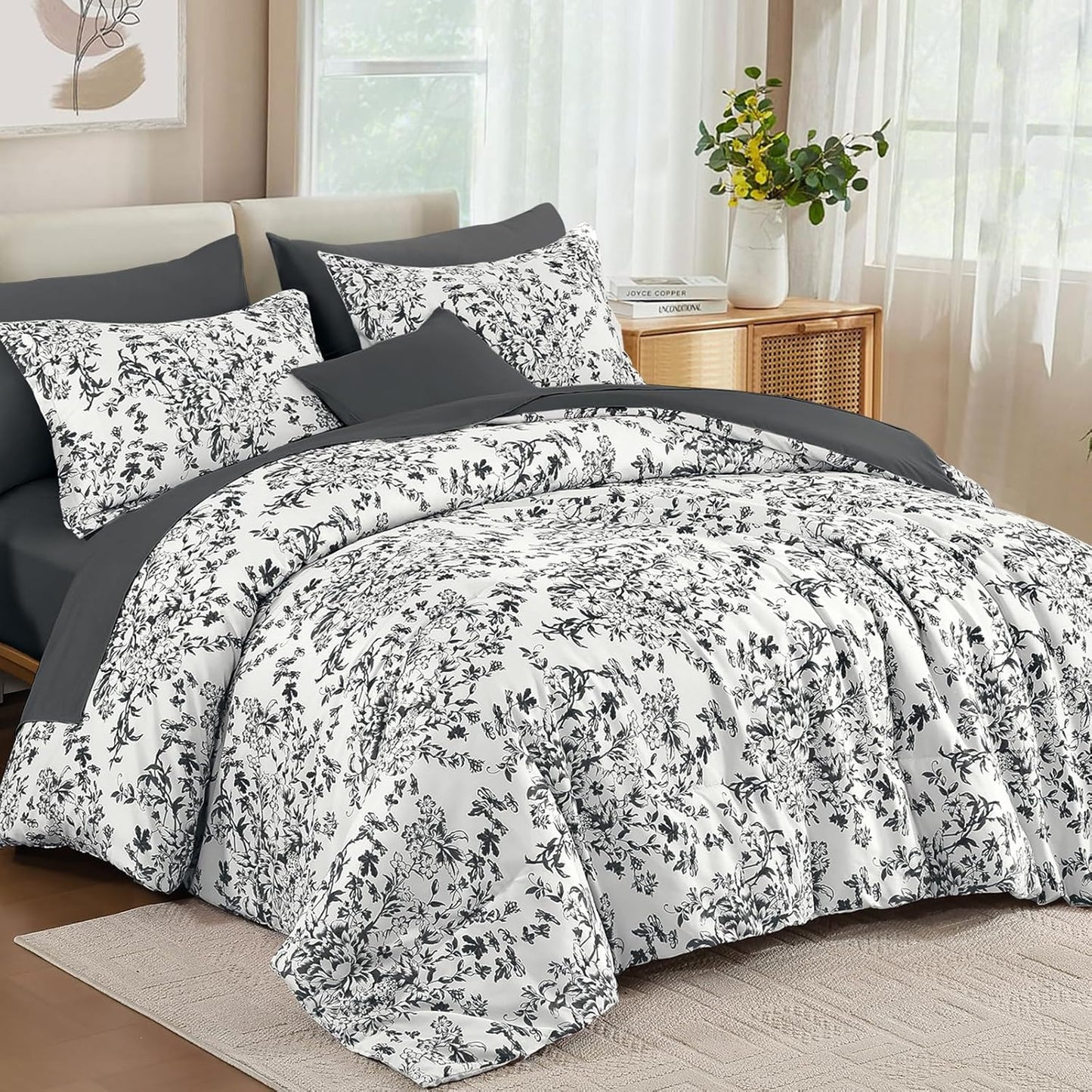 Comforter Set Queen, 8 Pieces Black Gray Floral Botanical Plants Print Comforter, for All Season (90"X90")