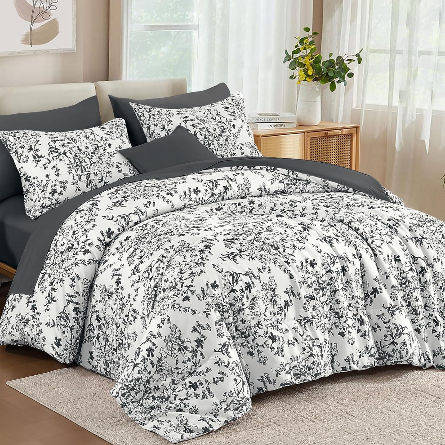 Comforter Set Queen, 8 Pieces Black Gray Floral Botanical Plants Print Comforter, for All Season (90"X90")