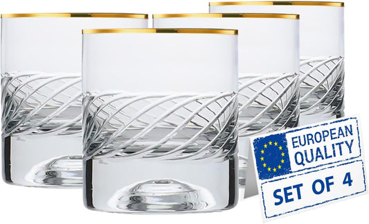Cut Crystal Whiskey Glasses with Gold Rim Set of 4, 7 Oz