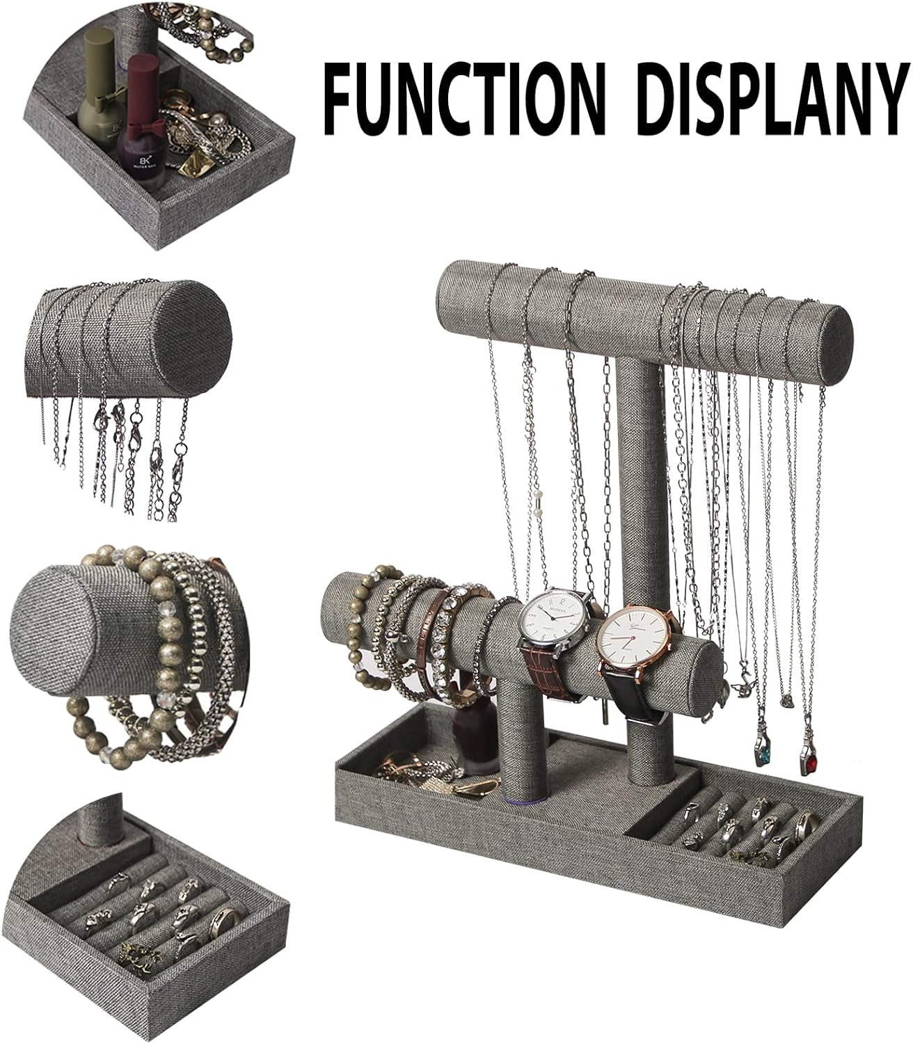 2 Tier Necklace Bracelet Holder Organizer with Ring Tray, (Gray Linen)