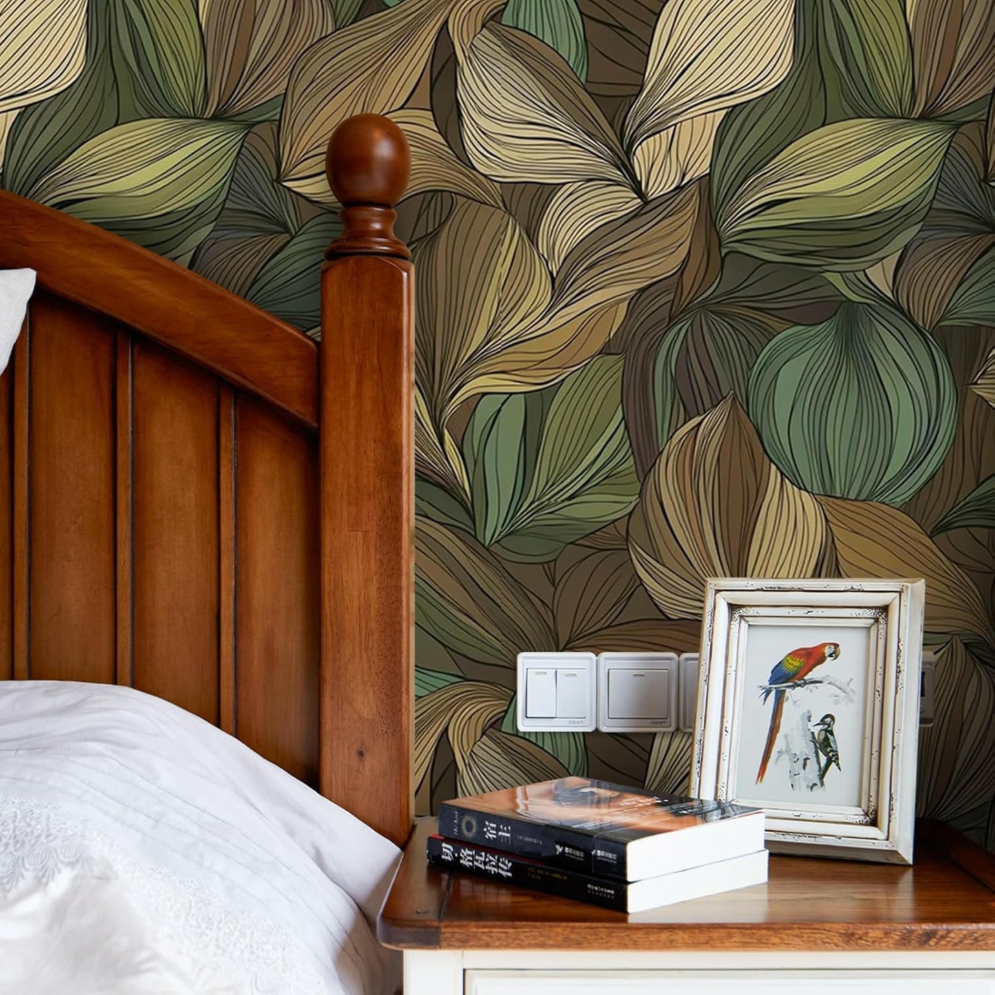 Botanical Leaf Wallpaper Peel and Stick Self Adhesive Boho Tropical Beige Green Vintage 17.71"X236.2"