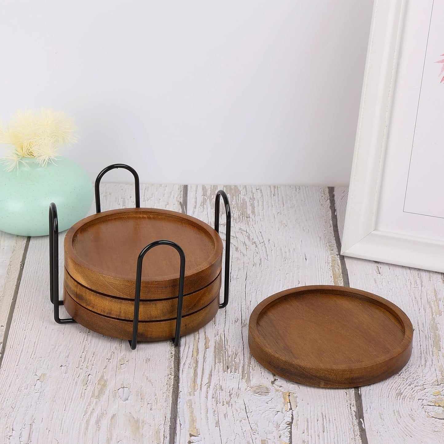 4 Pcs Wood Coasters for Drinks Absorbent, Wooden Coasters with Holder