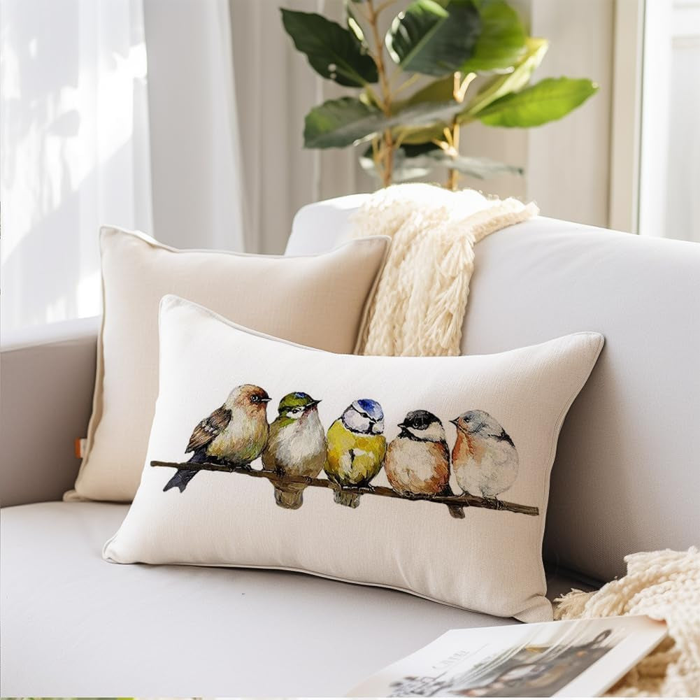 Watercolor Birds Pillows Decorative Throw Pillows 12X20, Hand-Painted Oil Painting