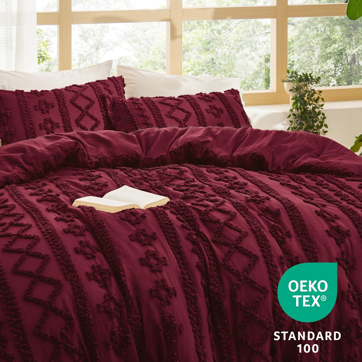 Tufted Boho Comforter Set Twin Size - Dark Red Boho Bed Set, Gentle soft™ 2 Pieces Farmhouse Shabby Chic Embroidery Bedding, Soft Jacquard Twin Comforter for All Seasons