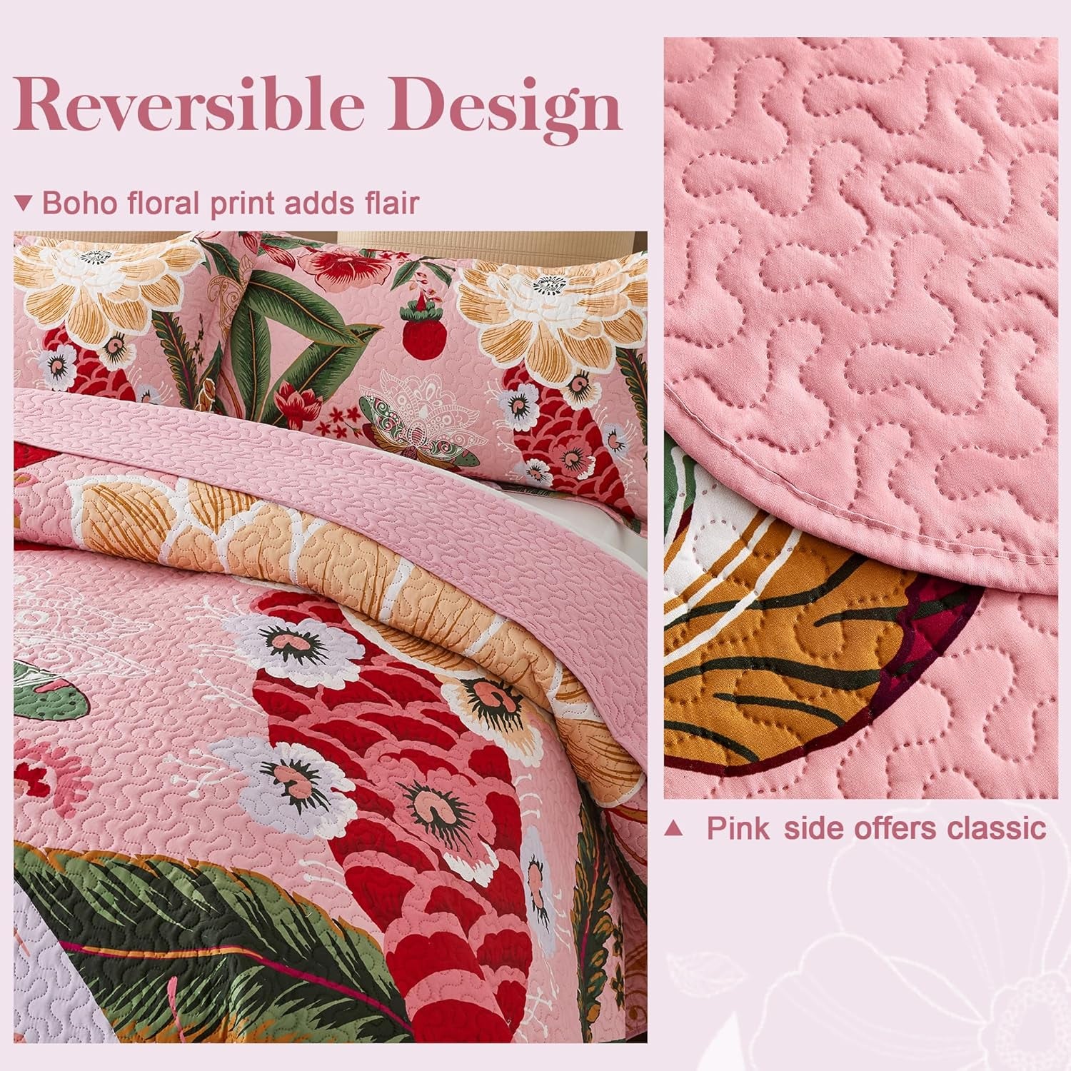 3 Piece Pink Boho Floral Full/Queen Quilt Sets Farmhouse Botanical Reversible Lightweight Bedspread Butterfly Leaves, 118''X106''