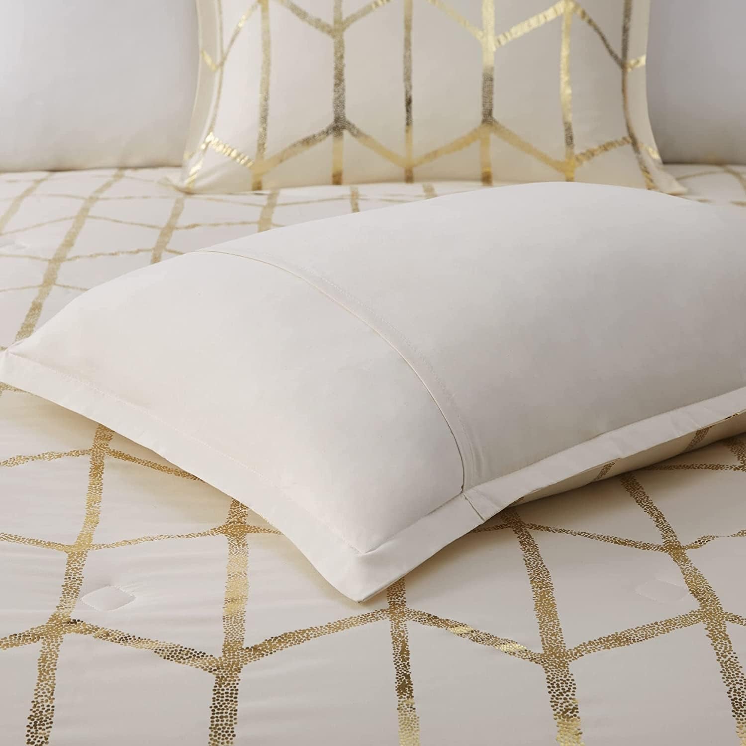 Raina King/Cal King Comforter Set, Modern Geometric Metallic Bed Set, 5 Pieces with 2 Shams, 2 Toss Pillows Ivory/Gold