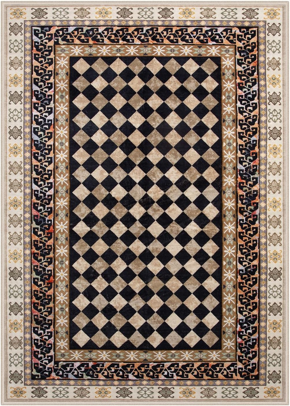 Washable Checkered 5X7 Area Rugs, Non-Slip Black and Brown (5X7)