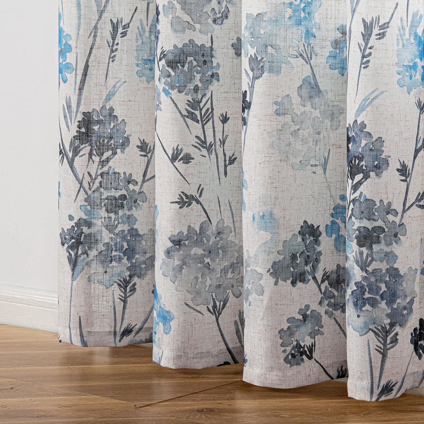 Linen Curtains for Living Room 84 Inch Length 2 Panels with Floral Pattern Semi Sheer Light Filtering, Navy Blue, 2 Pcs