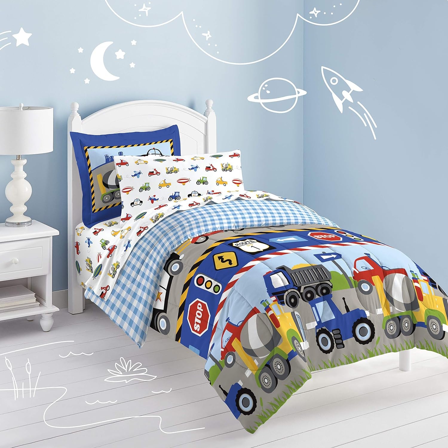 Trucks Tractors Cars Boys 5-Piece Bedding Kids Construction Comforter Sheet Set, Twin Blue Red Multi