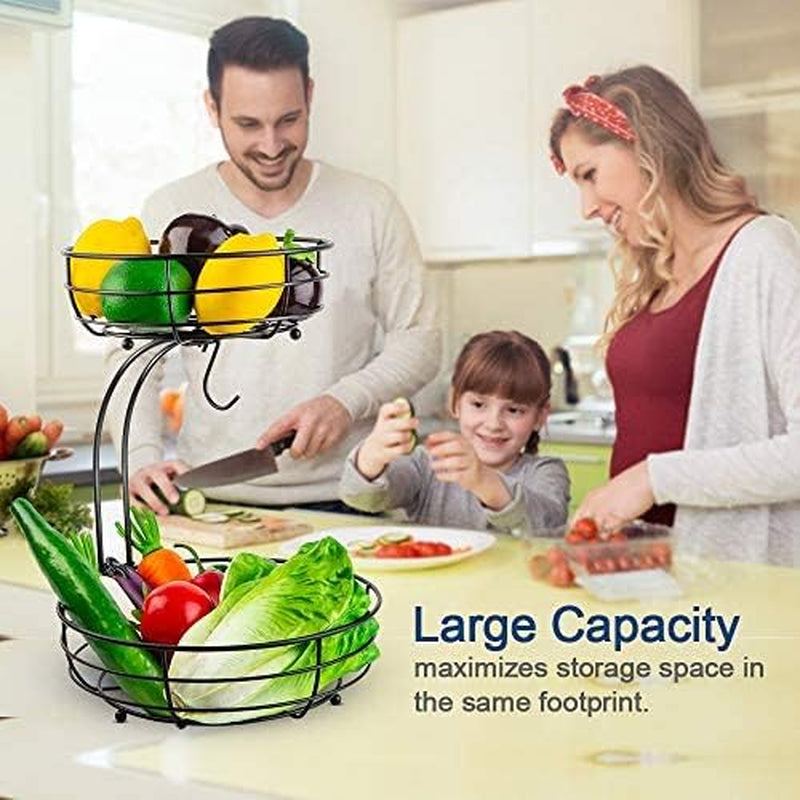 Iron 2-Tier Countertop Fruit Vegetables Basket Storage with Banana Hanger, Black, 64 Ounces