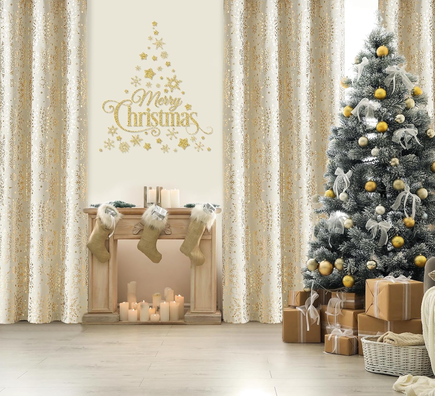 Ivory Gold Blackout Curtains Snowflake Print Curtain Panels 63Inch Medallion Floral Energy Saving 2Pcs