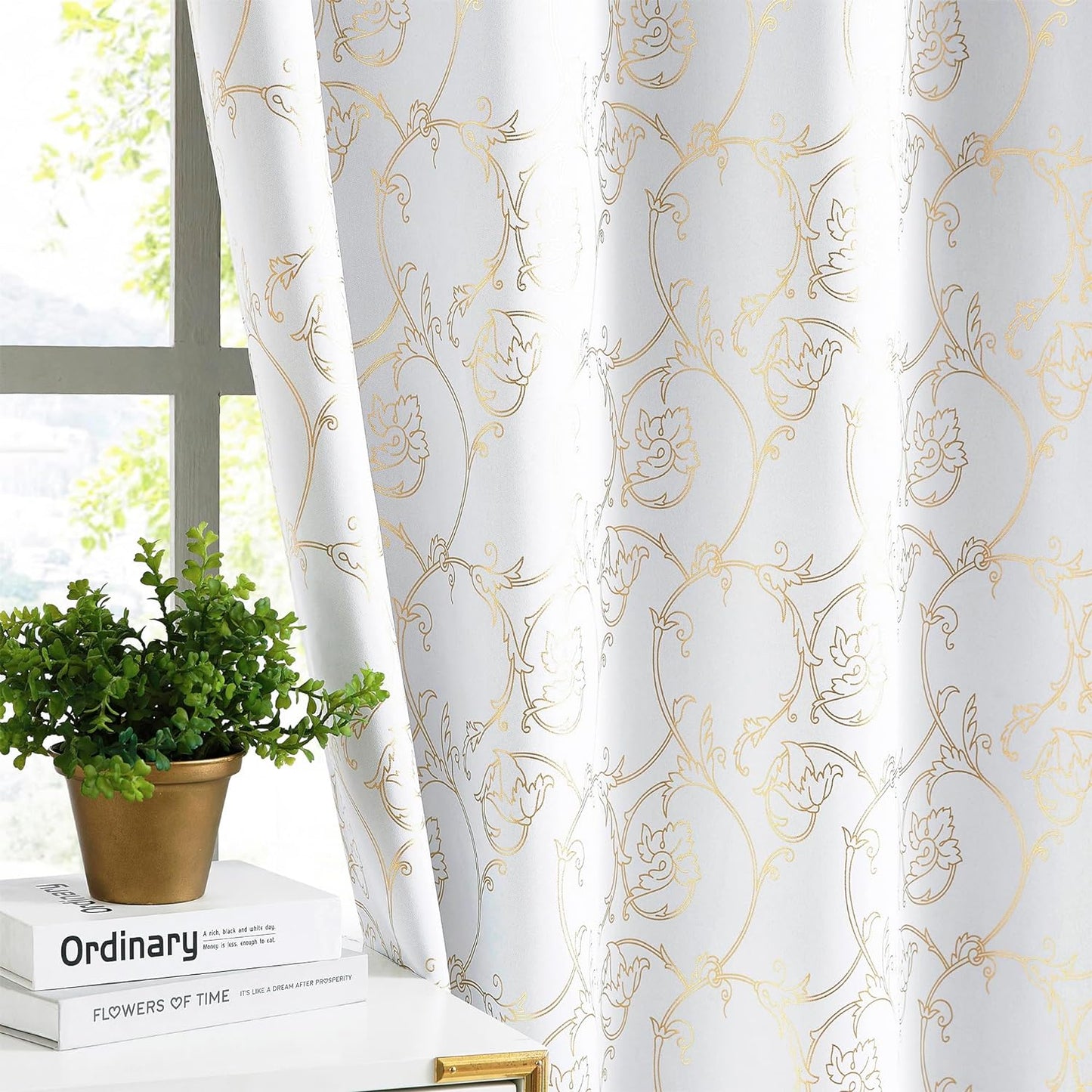 100% Blackout Curtains 84 Inches Long, Gold Floral Foil Pattern Drapes, 2 Panel Sets, Silvery White