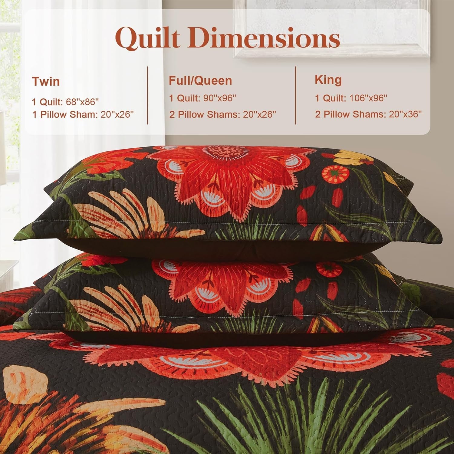 3 Piece Black Red Boho Floral Full/Queen Quilt Sets, Farmhouse Reversible Lightweight Bedspread Coverlet with 2 Shams,Set for All Season, 90''X96''