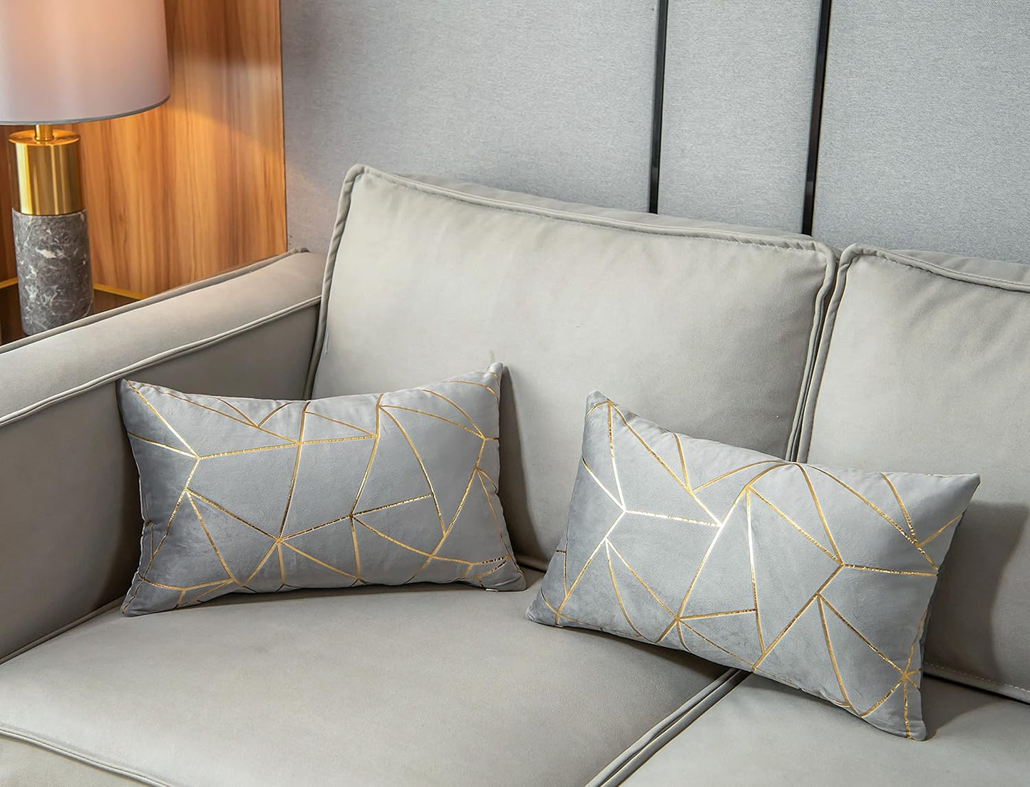 Pack of 2 Soft Velvet Lumbar Throw Pillow Covers Decorative Gold Foil Geometric Pattern Cute Cushion Case For, Couch Living Room Sofa Bedroom Car (Grey and Gold, 12“X20”)