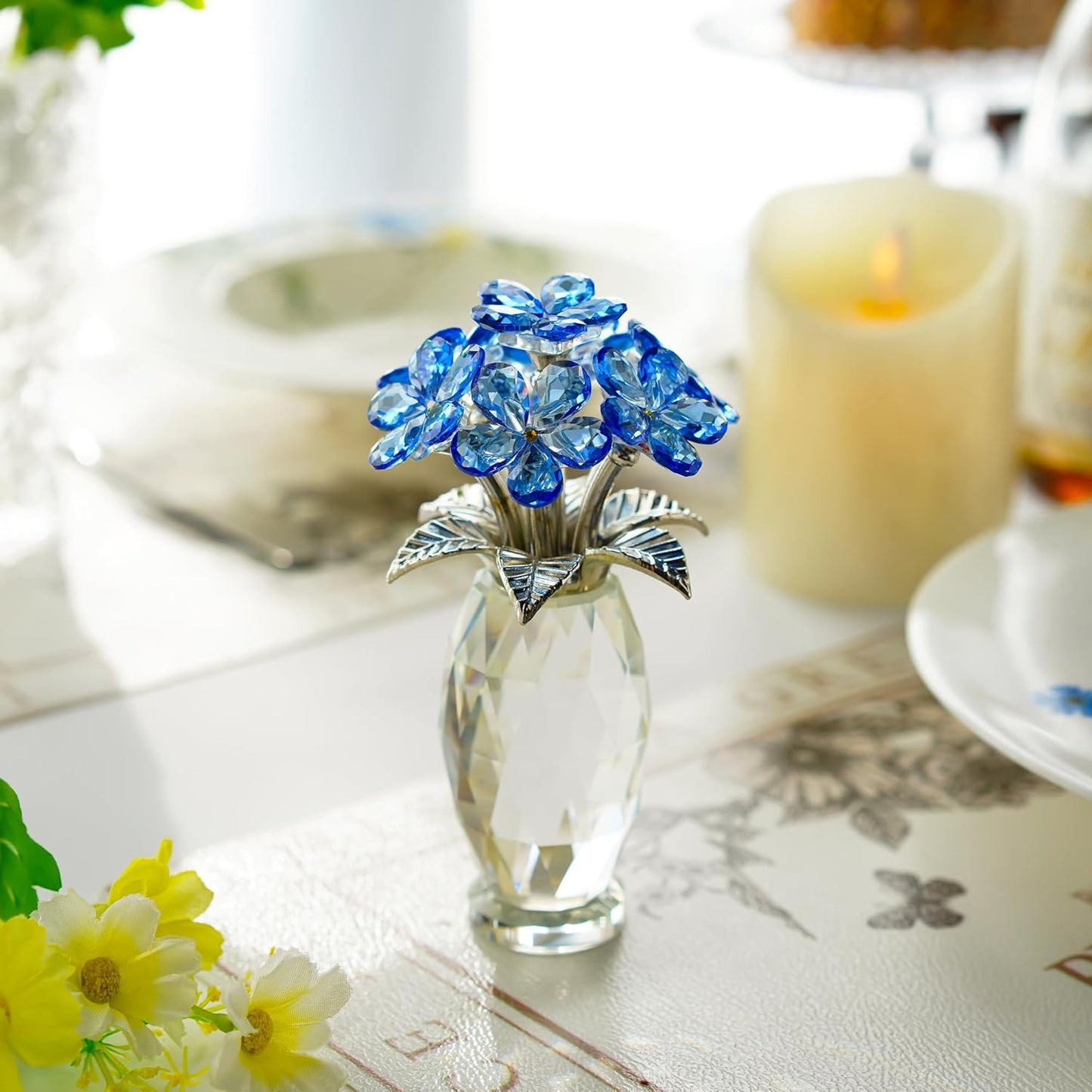 Blue Crystal Forget Me Not Flower Figurine, Crystal Glass Flower Ornament for Home Decor Table Centerpiece