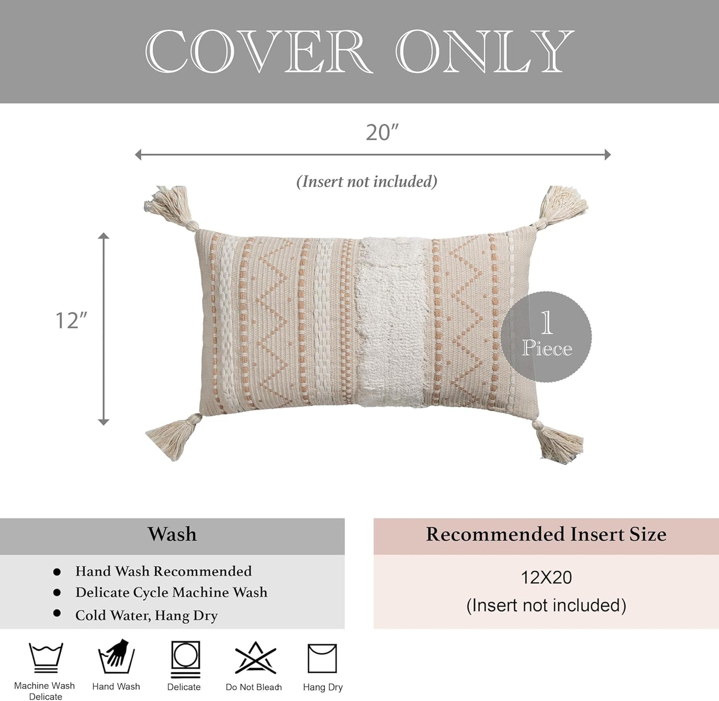 Decorative Lumbar Throw Pillow Cover 12X20 Cream Neutral White 