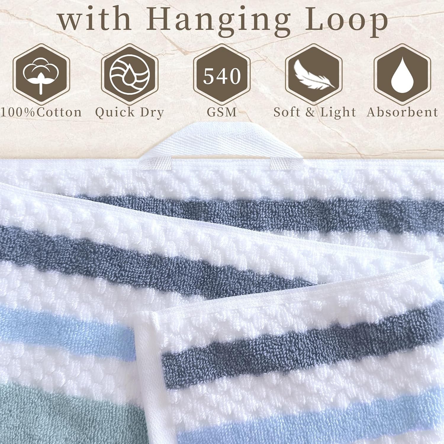 Thick Waffle Towels for Bathroom - Cotton, 6 Piece, Blue Gray Striped and White Checkered