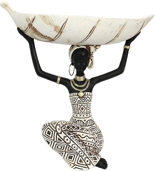 African Tribal Lady Holders Figurine, African Statue Home Decoration, Sculptures Table Top Bookshelf Decor for Wedding,Church,Holiday Decor-African Decorative White Color(313-B)