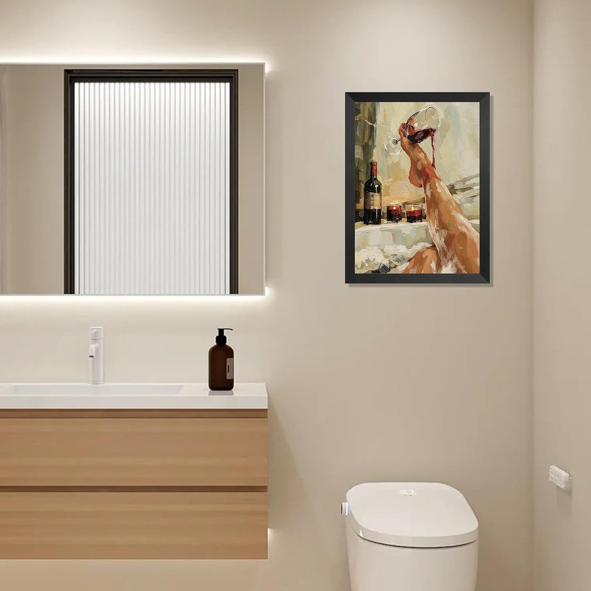 Luxury Bathtub Scene with Wine Glass Wall Art, Elegant Legs & Candlelight Print, Romantic Spa Decor for Master Bath or Bedroom, Black Pine Frame with Adhesive Strips Included