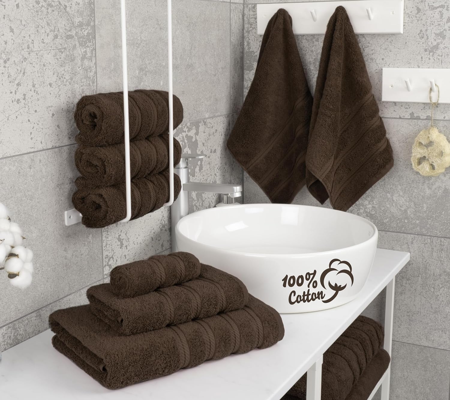 Luxury 6 Piece Towel Set,100% Cotton, Brown Towel Sets