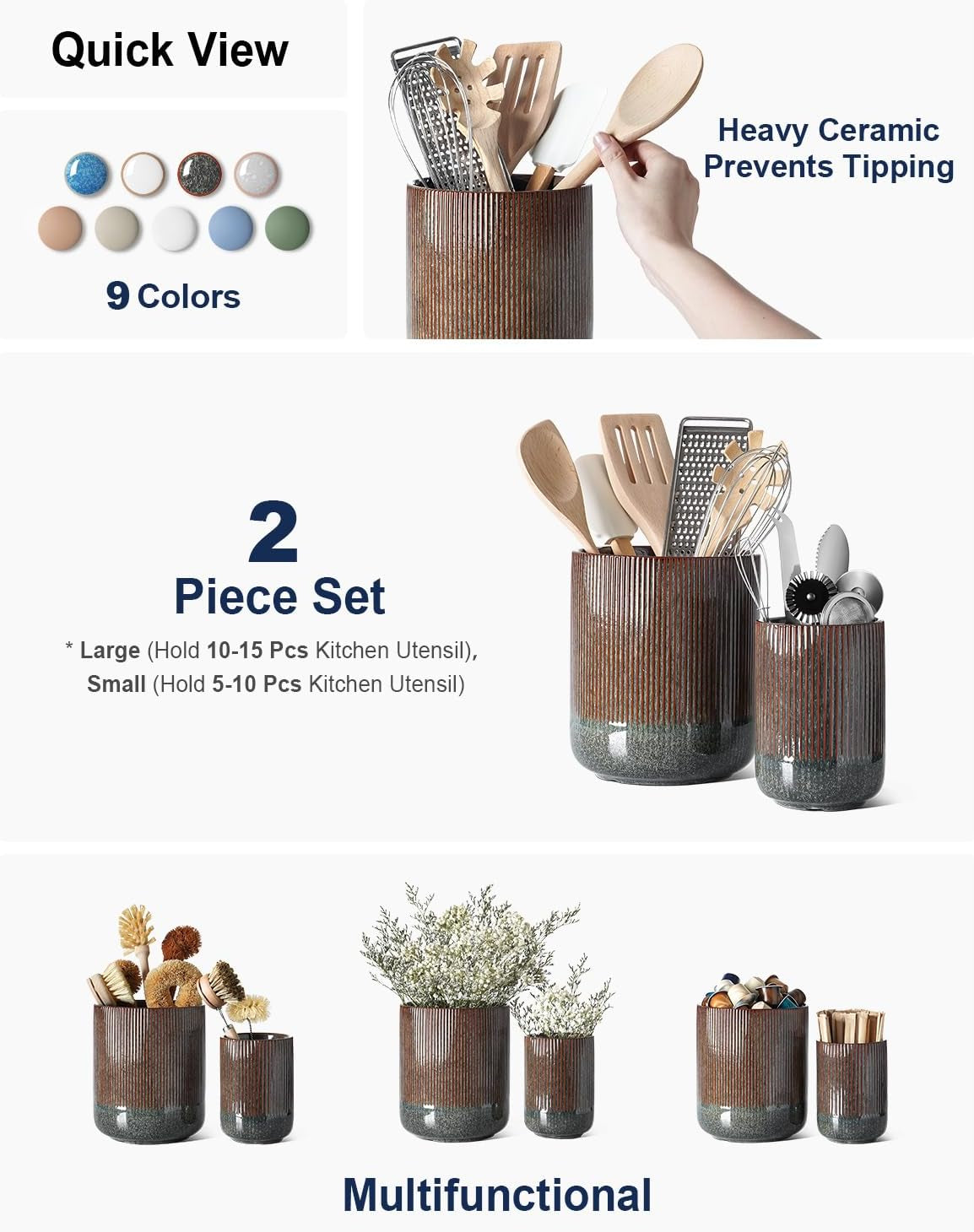 Utensil Holder for Kitchen Counter, 7.3"+5.4" Fluted Ceramic Utensil Crock Organizer for Countertop, Set of 2, Olive Brown Marble