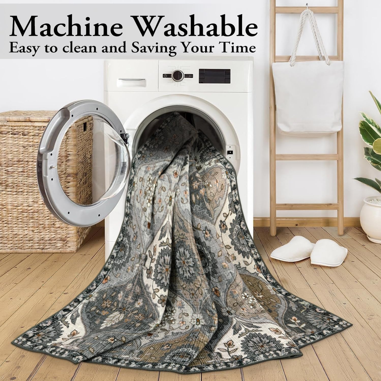 Moroccan 8X10 Area Rugs for Living Room, Washable Rugs Ultra-Thin Oriental Non-Slip, Grey