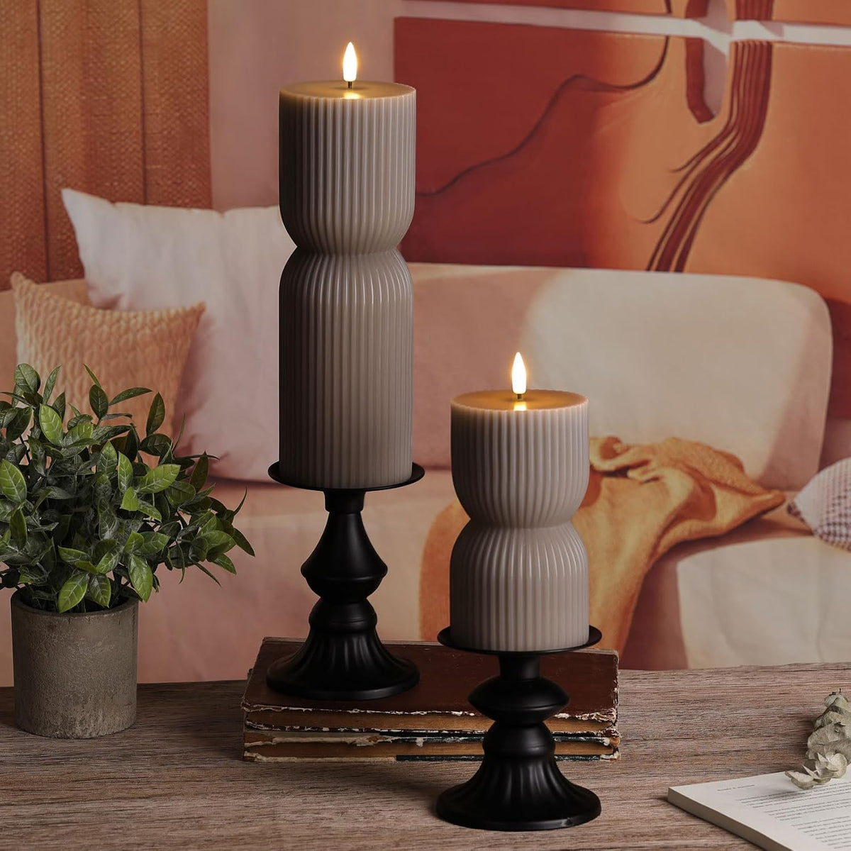 Taupe Ribbed Flameless Pillar Candles with Remote Set of 2