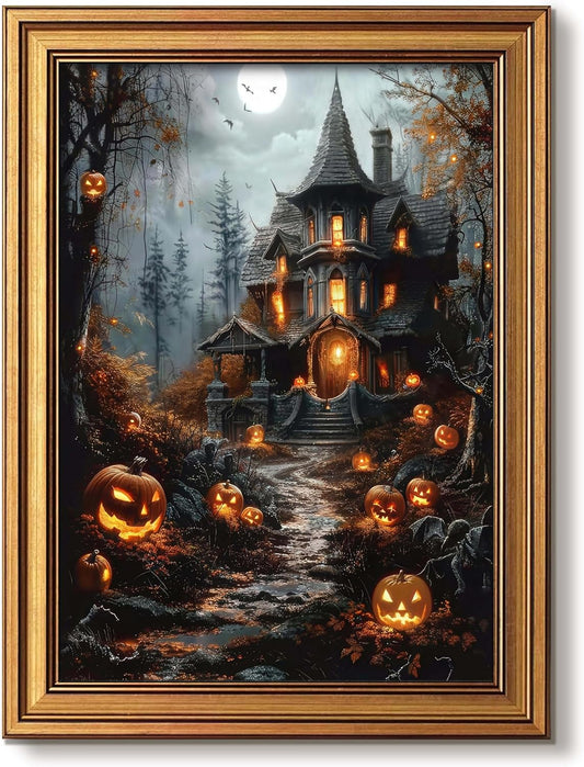 Gold Framed Gothic Halloween Wall Art Fantasy Haunted House Prints 12X16 in 