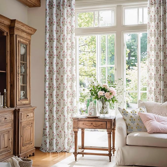Floral Linen Curtains 84 Inches Long Pink Pattern Printed, Boho Farmhouse Window Sheer Curtain Light Filtering Privacy 2 Panel Sets, 55" W