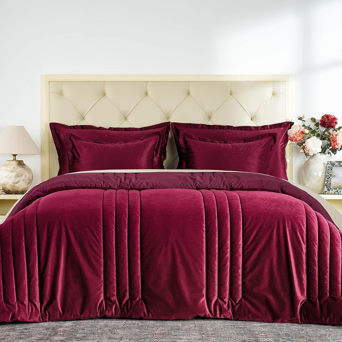 Luxury Burgundy Velvet Queen Size Bed Comforter Set 3 Pieces