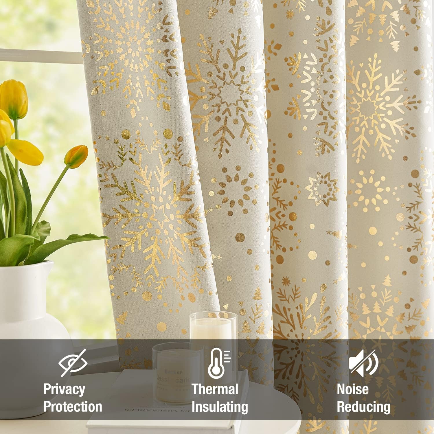 Ivory Gold Blackout Curtains Snowflake Print Curtain Panels 63Inch Medallion Floral Energy Saving 2Pcs