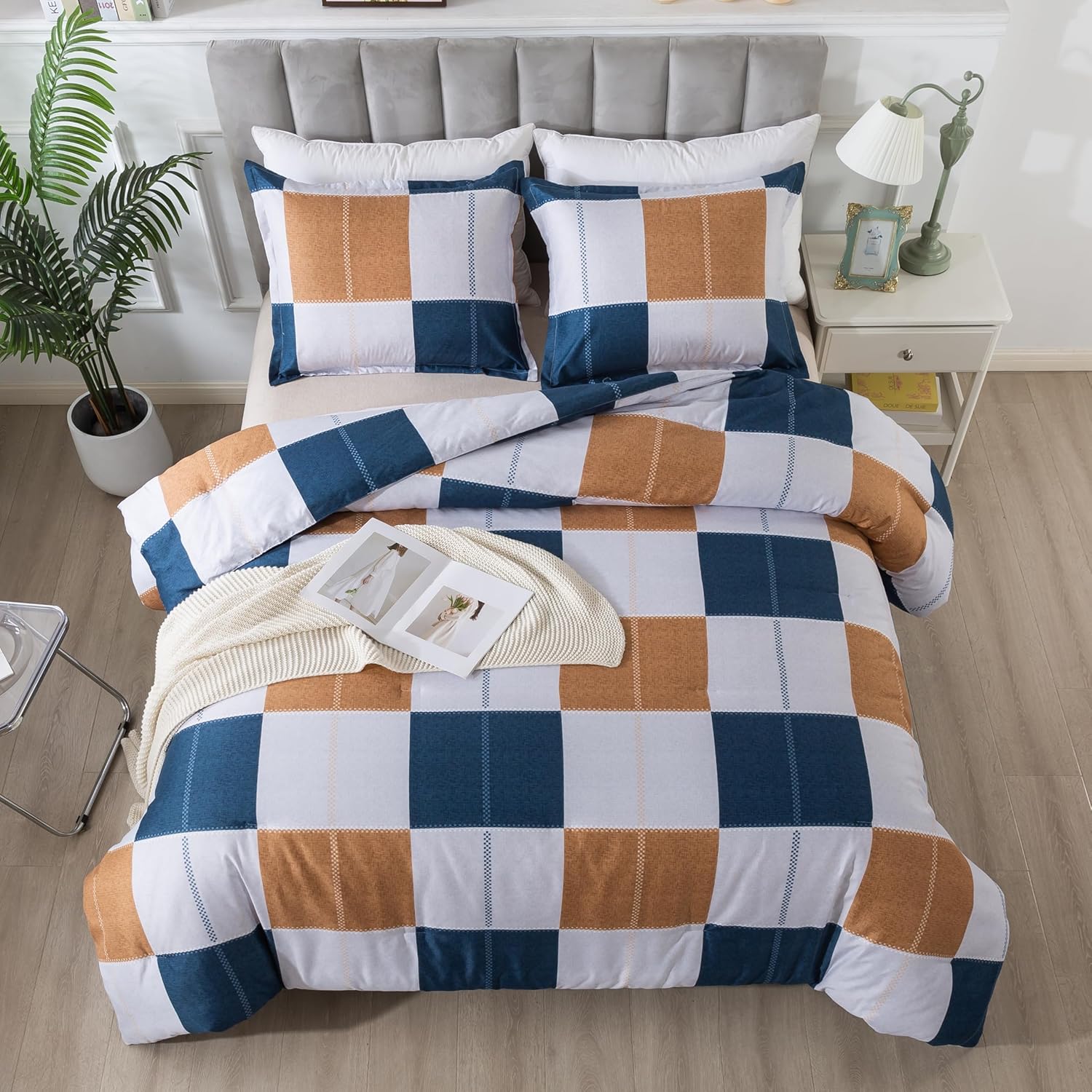 Plaid Checkered Comforter Set Navy and Gray, Fluffy Geometric Grid Buffalo King Size, 3 Pieces Comforter Set with Two Matching Pillow Shams