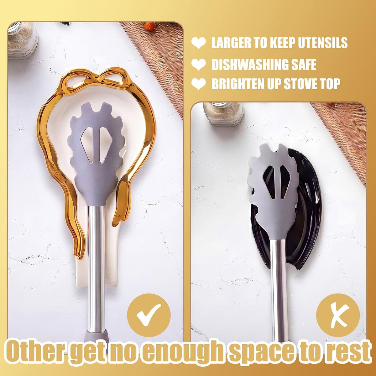 Gold Bow Spoon Rest, Large Ceramic Spoon Holder for Stove Top
