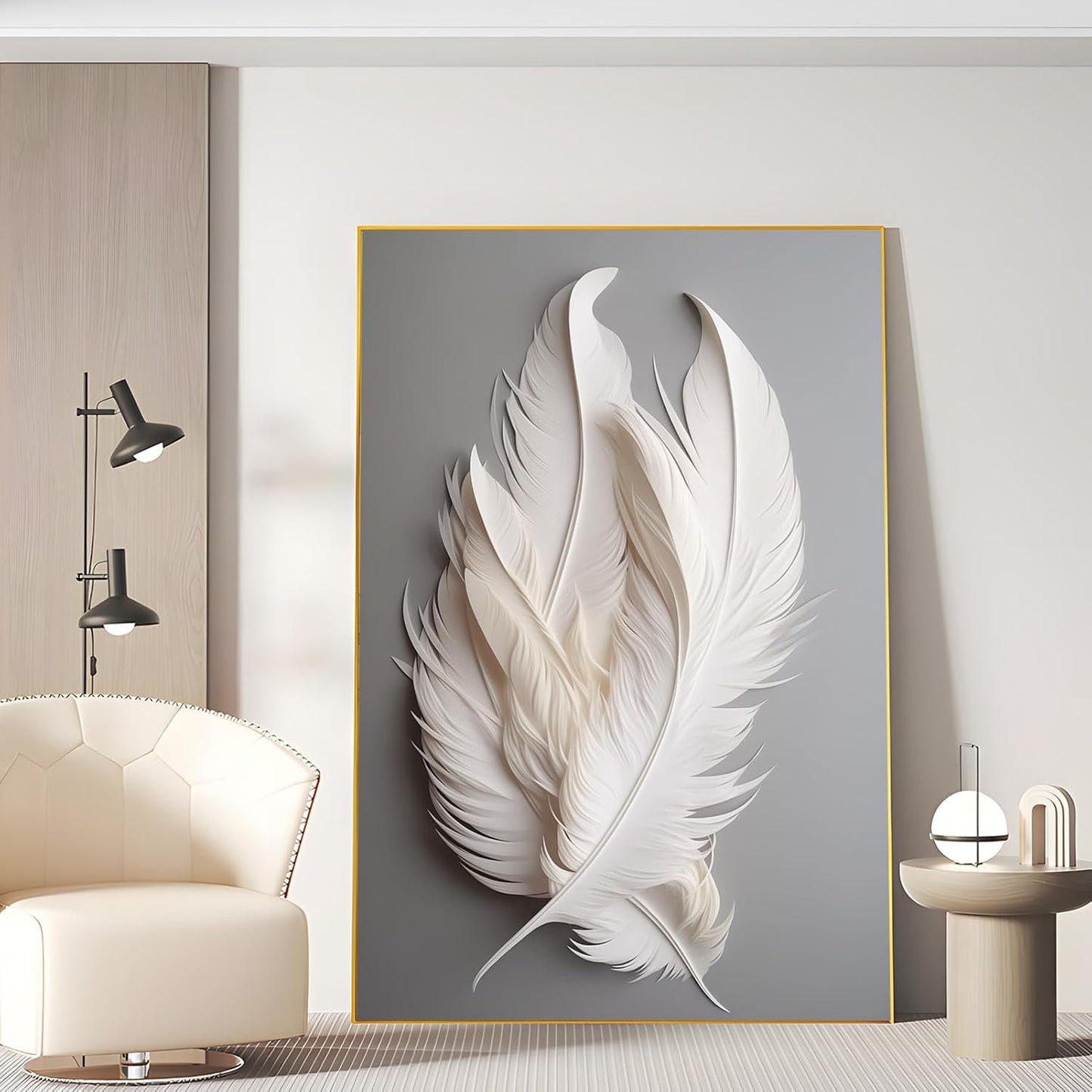 White Feather Canvas Wall Art (Black Framed, 15"X24"|40X60Cm)