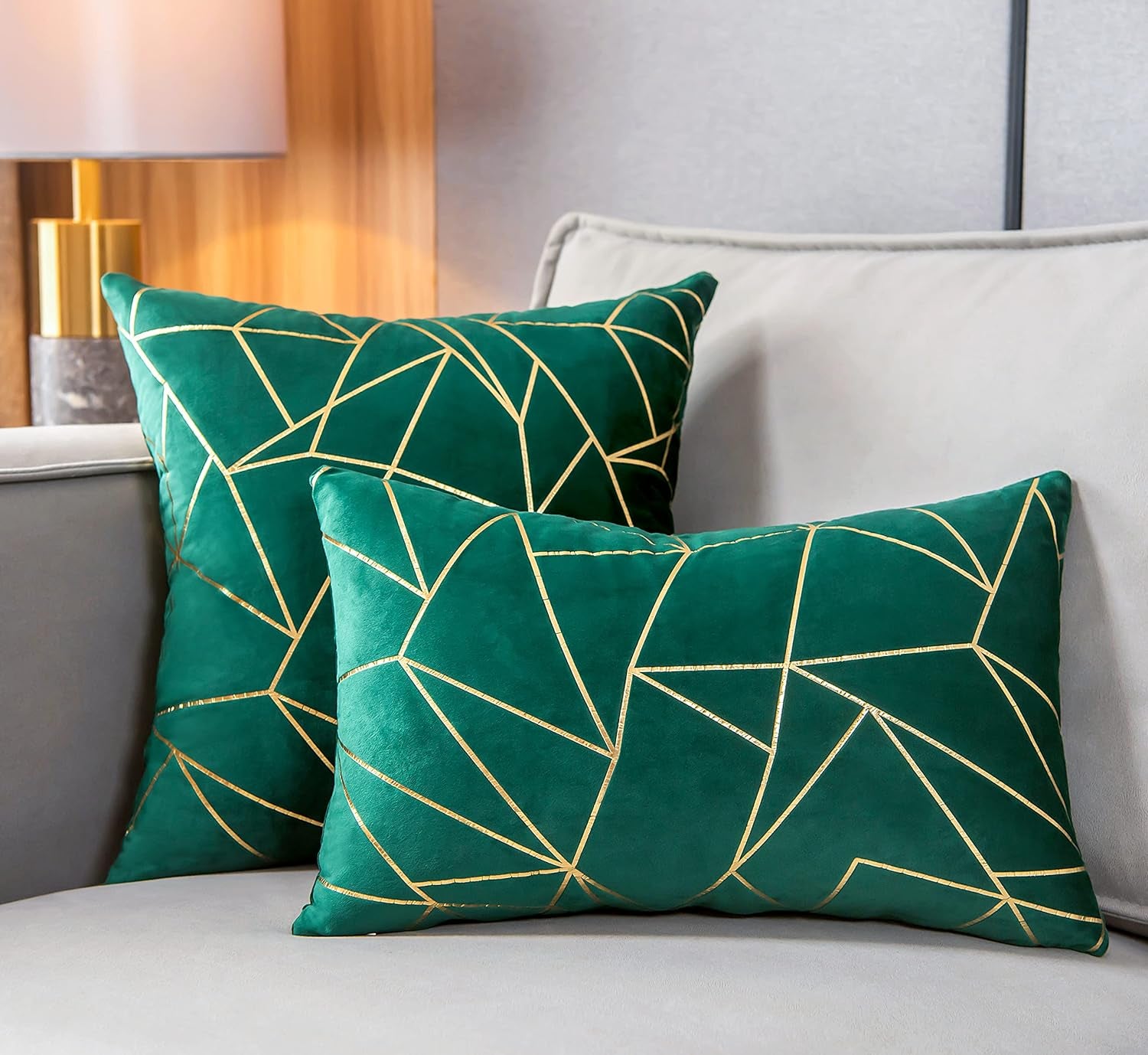 Throw Pillow Covers Velvet Decorative 2 Packs Ultra-Soft Geometrical Golden Foil Rectangle Cushion Case For,Christmas,Sofa,Bedroom,Car Couch Chair (Alpine Green, 12“X20”)