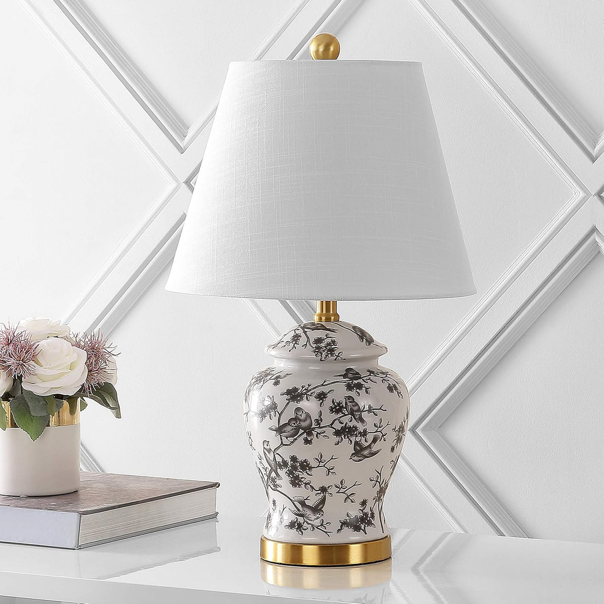 Penelope Ginger Jar 22" LED Table Lamp, Gray/White, Ceramic Metal Construction, Linen Empire Shade, Brass Gold, LED Bulb Included