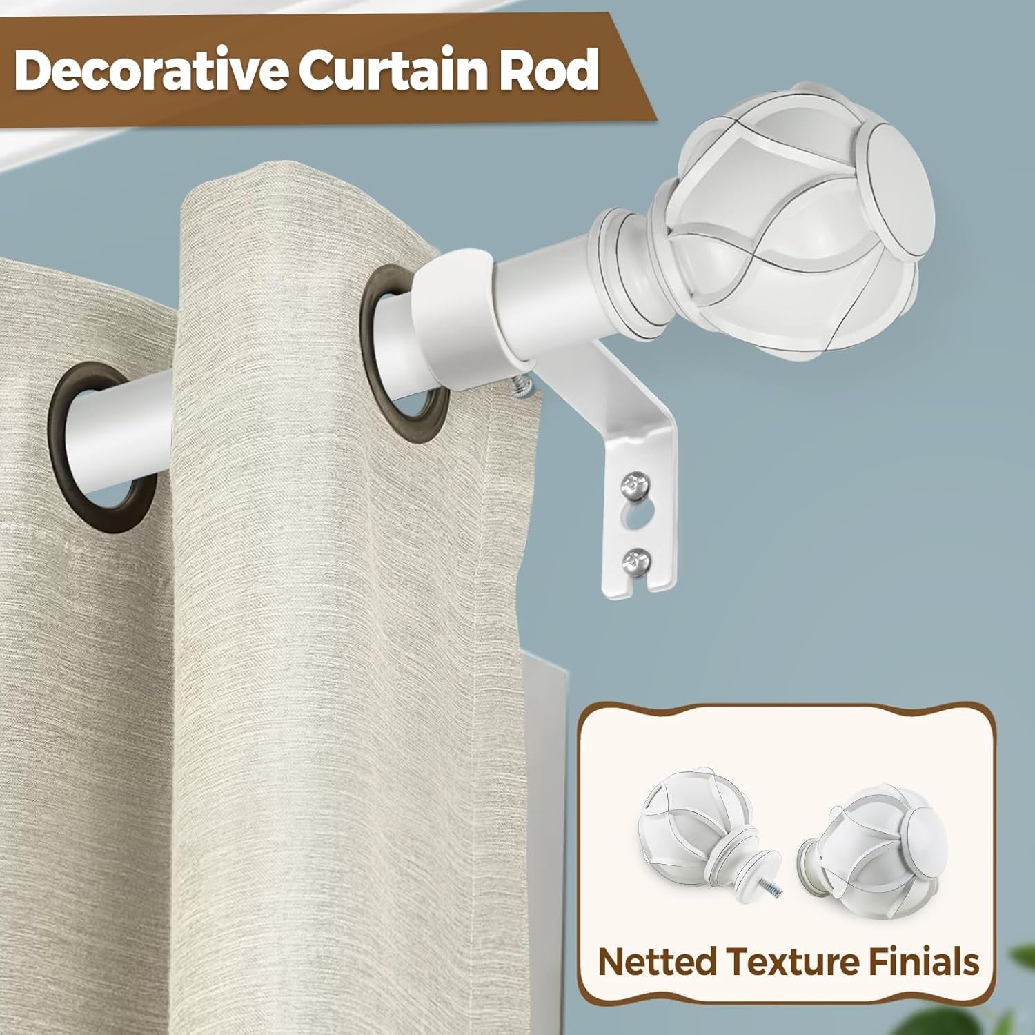 Curtain Rod 32 to 58 Inch(2.6-4.8Ft), Heavy Duty White Curtain Rods for Windows, 7/8 Inch Single Drapery Rod Adjustable, Decorative Netted Texture End