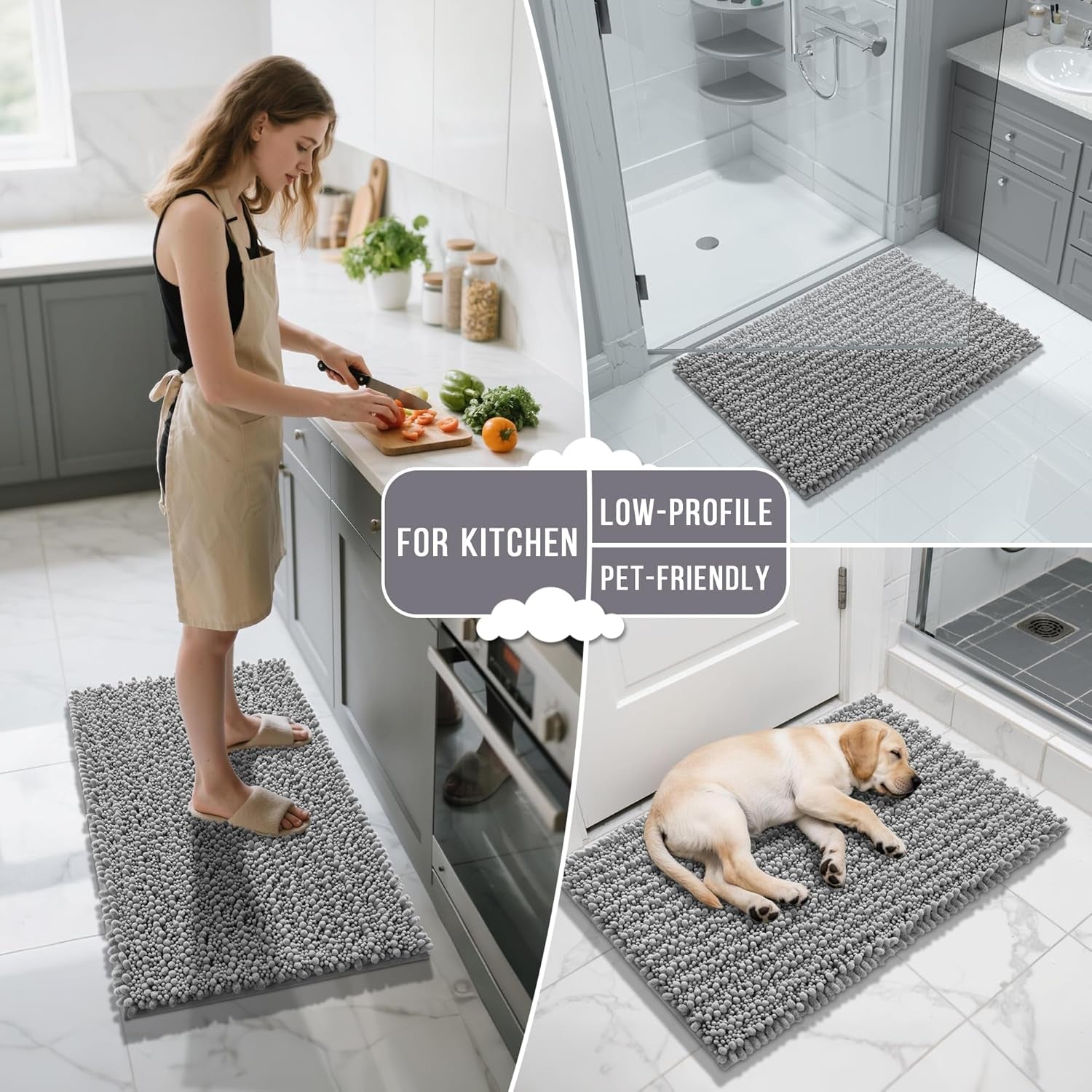 Bathroom Rug Set 3 Piece - Super Absorbent Quick Dry Chenille Bathmats & Toilet Rug, Grey