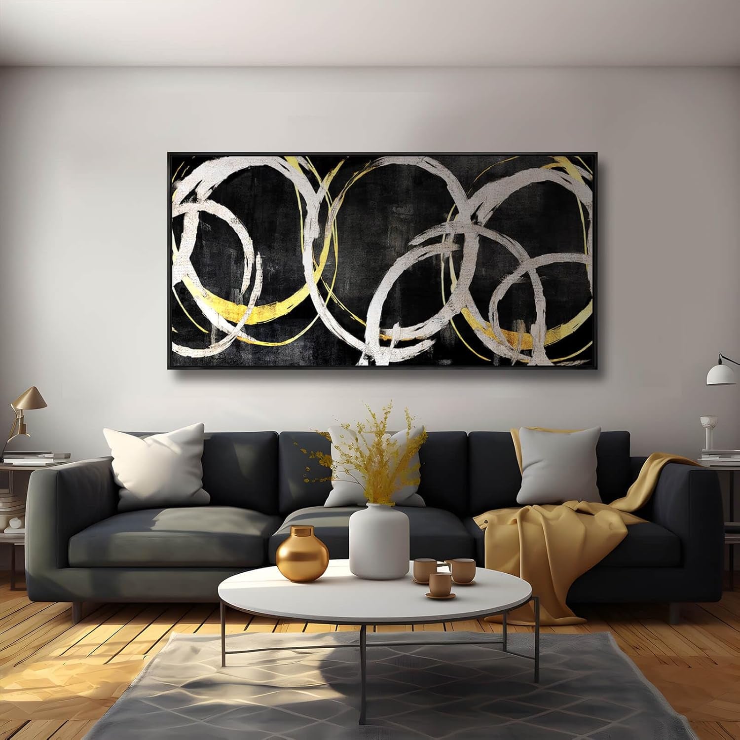 Large Wall Art Modern Black, Gold, and White Picture, 24X48 In