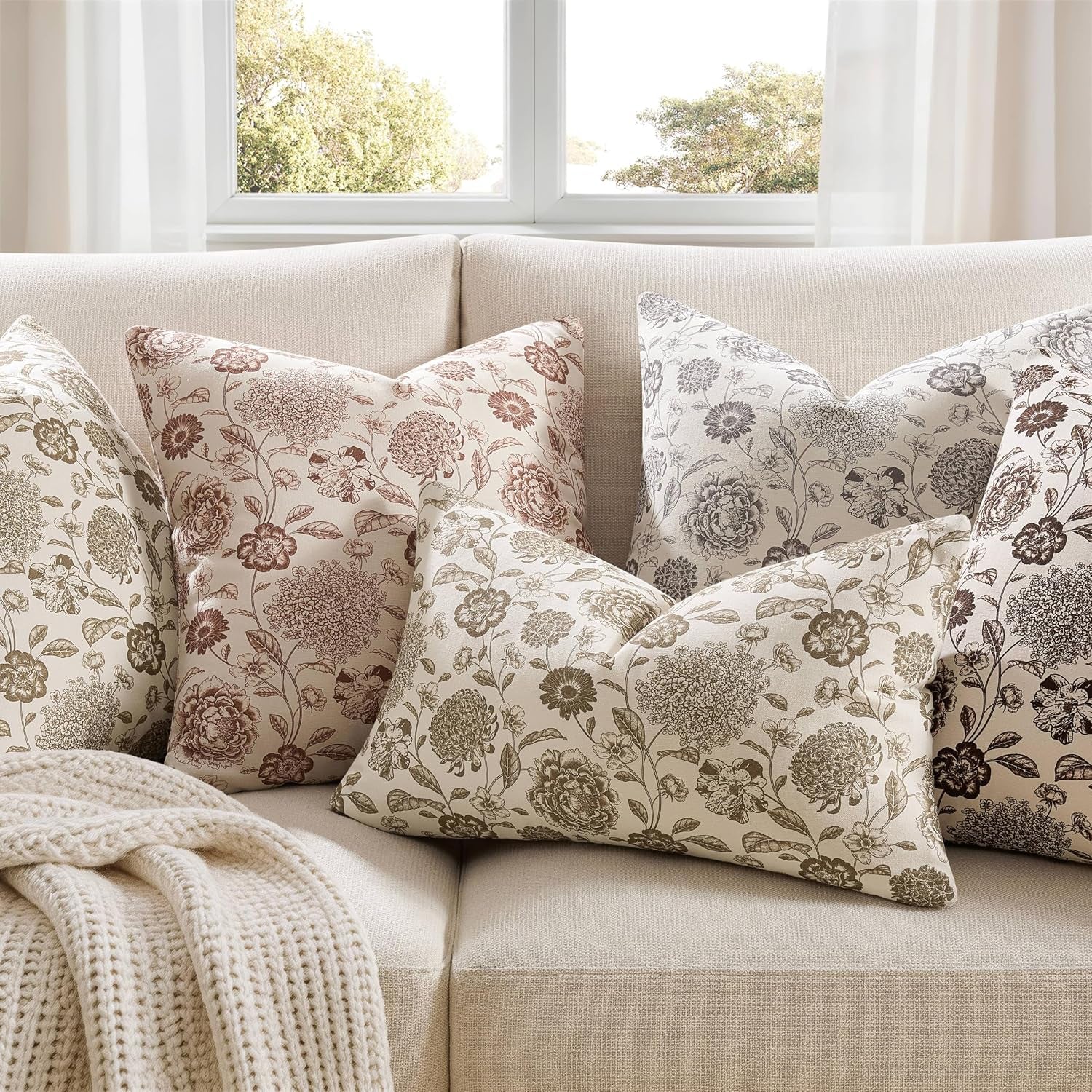 Botanical Lumbar Pillow Covers Set of 2, 12X20 Inch Latte