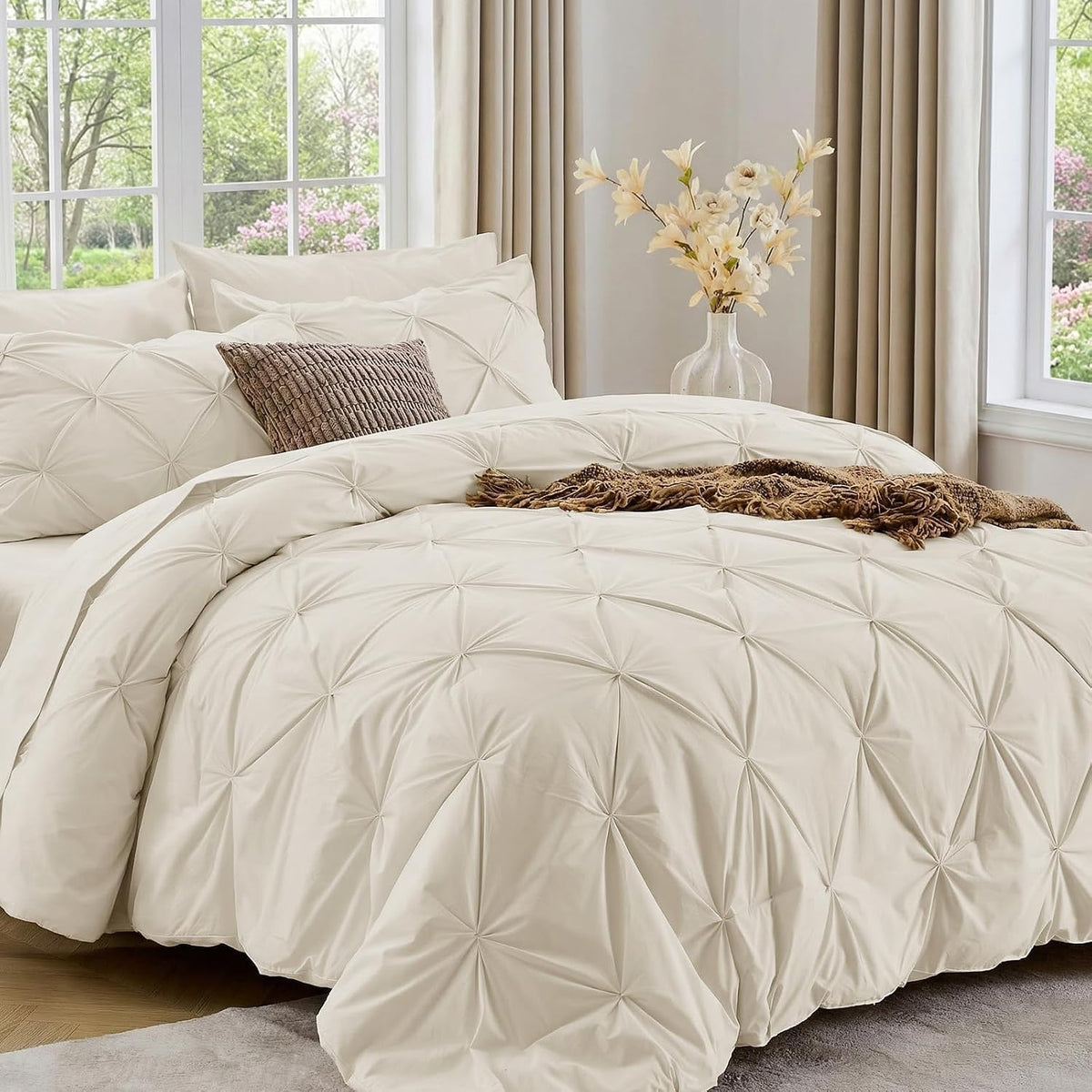 King Size Comforter Set, 7-Piece Bed in a Bag, Pintuck Bedding Set for All Season, Includes Comforter, Flat Sheet, Fitted Sheet, Pillowcases and Pillowshams, Beige