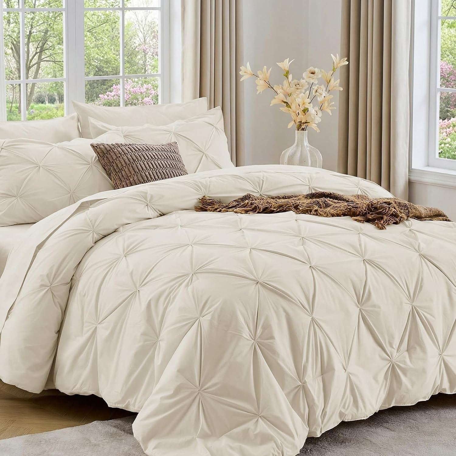 King Size Comforter Set, 7-Piece Bed in a Bag, Pintuck Bedding Set for All Season, Includes Comforter, Flat Sheet, Fitted Sheet, Pillowcases and Pillowshams, Beige