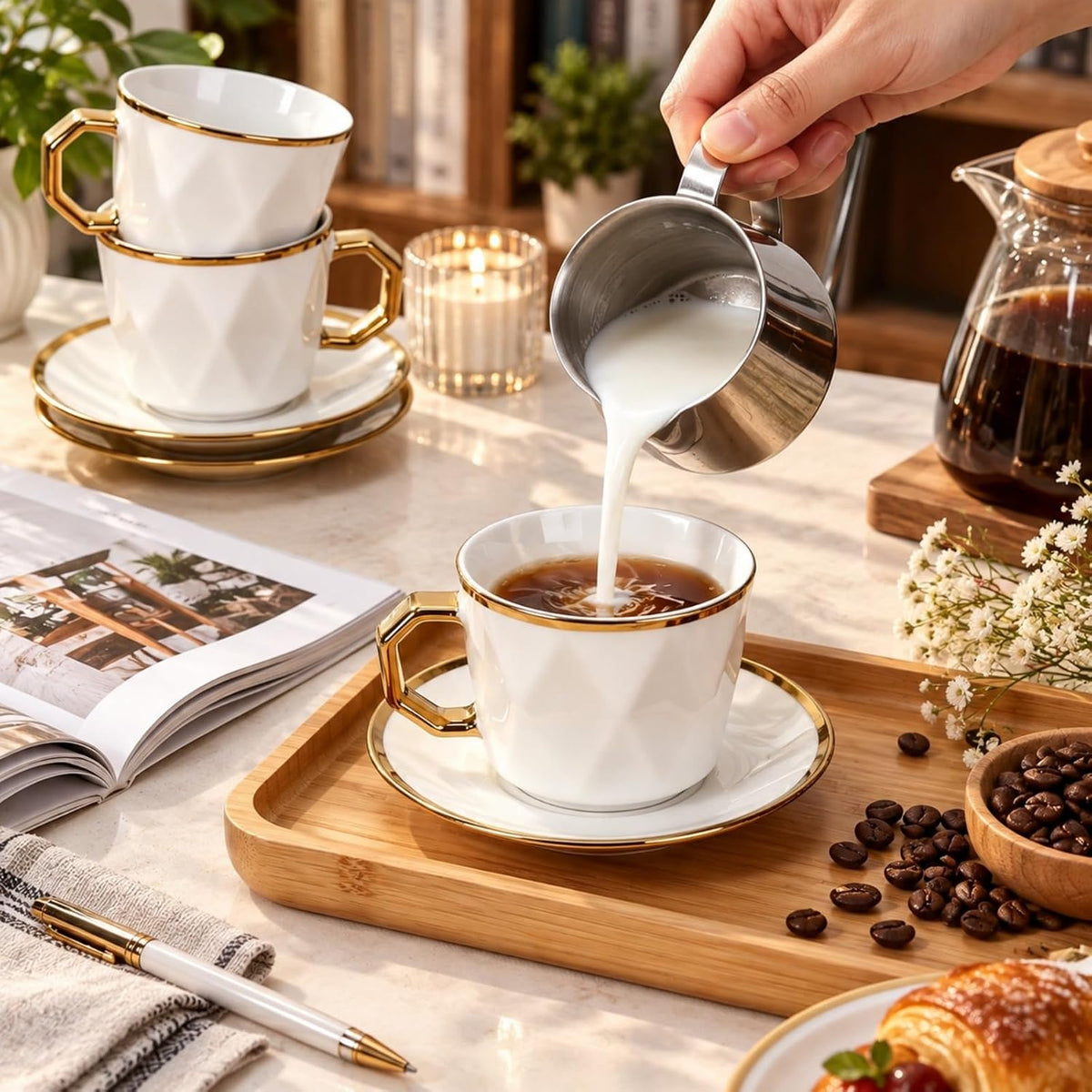 Coffee Cup Set of 6 with Saucers, 3.5 OZ Ceramic Demitasse Espresso Cups