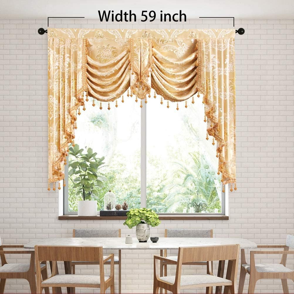 Golden Swag Waterfall Valance Luxury Curtain (Damask-Golden, W59 Inch, 1 Panel)